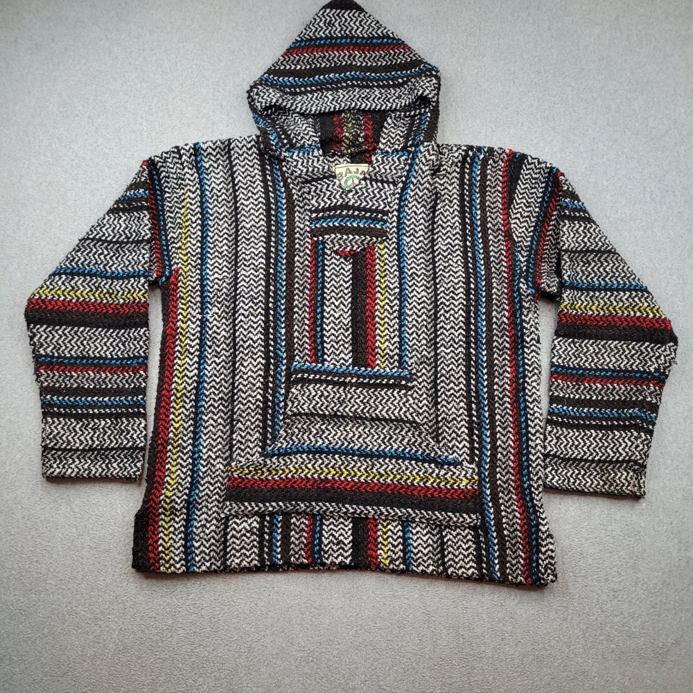 Baja Joe Hoodie Mens Medium Multicolor Striped Pullover Drug Rug Hippie